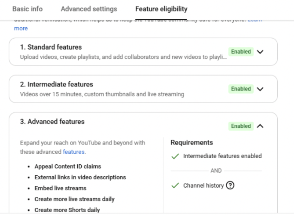 유튜브 채널 고급 기능과 채널 이력이 활성화된 화면